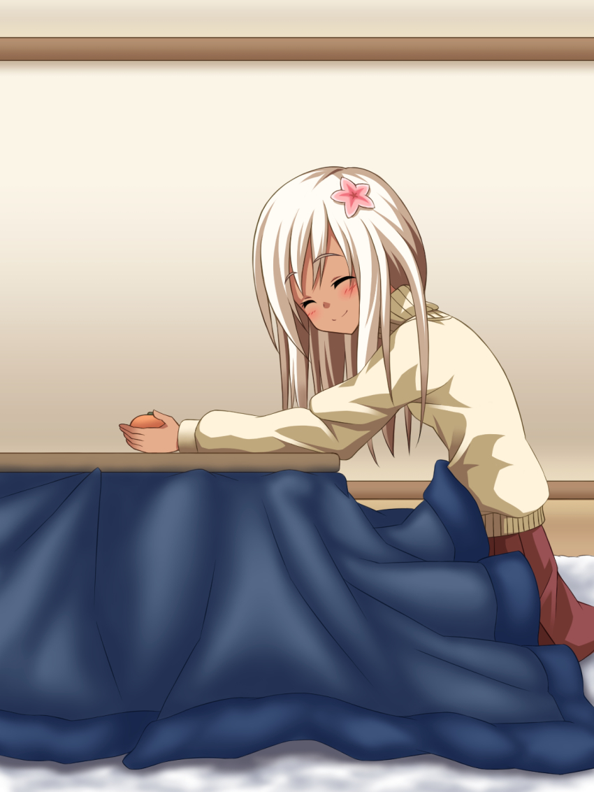 10s, 1girl, alternate_costume, beige_sweater, blonde_hair, closed_eyes, female_focus, flower, food, fruit, hair_flower, hair_ornament, highres, kantai_collection, kotatsu, long_hair, looking_at_viewer, mandarin_orange, q_kyokuchi, red_skirt, ro-500_(kancolle), sitting, skirt, smile, solo, sweater, table, tan