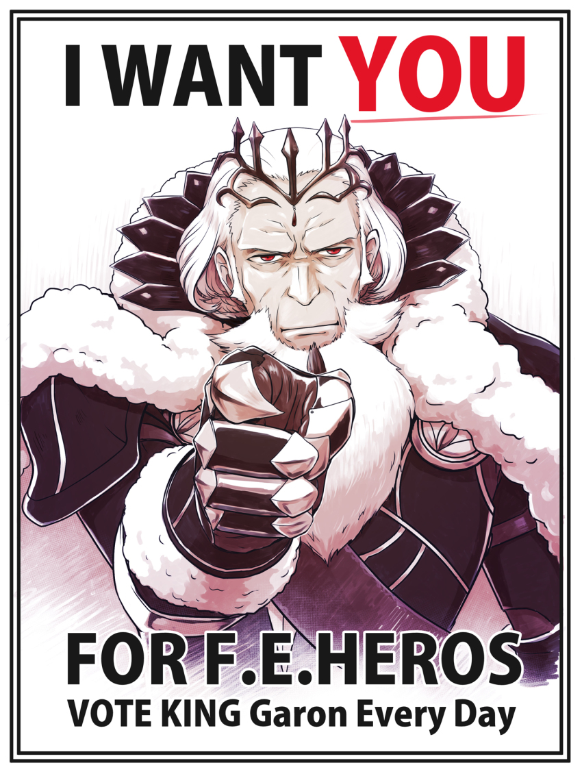 1boy, armor, beard, crown, english_text, facial_hair, fire_emblem, fire_emblem_fates, fire_emblem_heroes, garon_(fire_emblem), highres, i_want_you, magiquasar, male_focus, nintendo, pointing, pointing_at_viewer, poster_(medium), propaganda, solo, white_hair