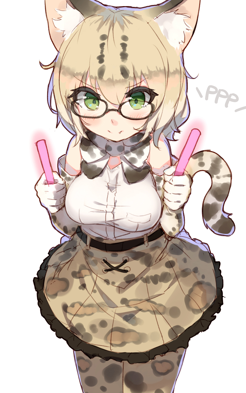 10s, 1girl, animal_ear_fluff, animal_ears, animal_print, bare_shoulders, black-framed_eyewear, blonde_hair, blush, bow, bowtie, breasts, cat_ears, cat_tail, elbow_gloves, fang, fang_out, female_focus, glasses, gloves, glowstick, green_eyes, group_name, highres, kemono_friends, looking_at_viewer, margay_(kemono_friends), margay_ears, margay_tail, medium_breasts, pantyhose, shone, simple_background, sleeveless, solo, tail