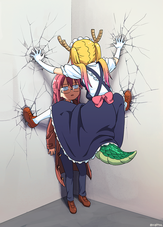 10s, 2girls, cicada_block_(meme), crack, cracked_wall, dragon_horns, dragon_tail, glasses