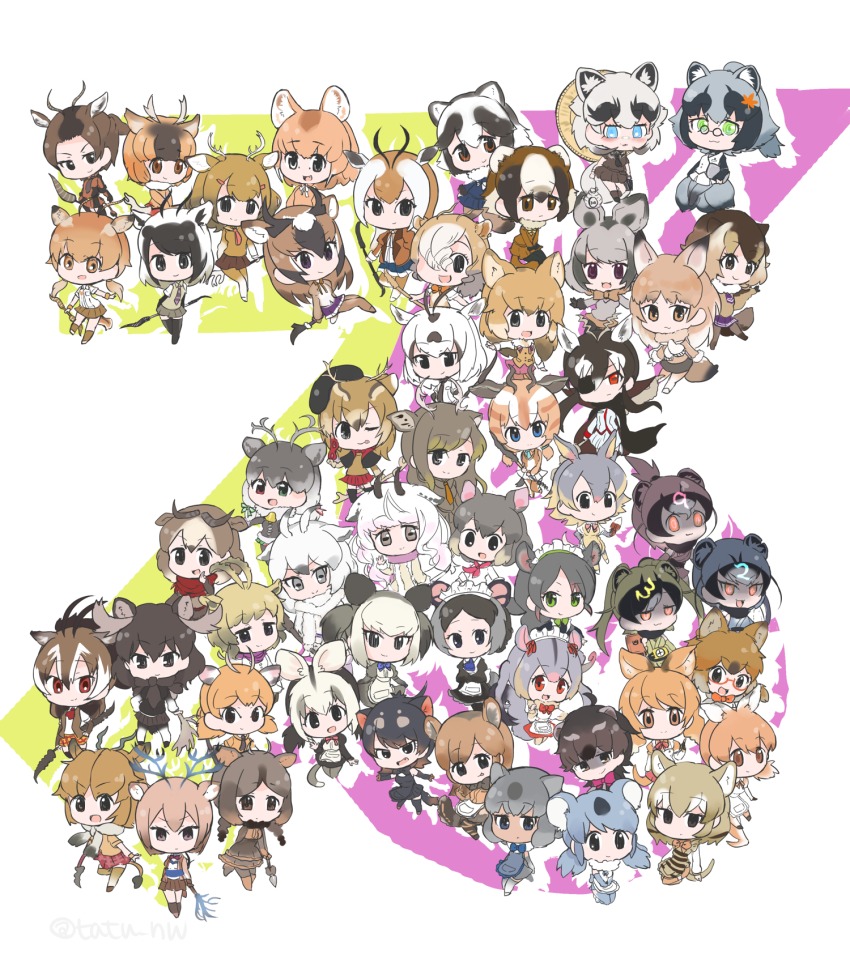 10s, 6+girls, :d, alpine_ibex_(kemono_friends), animal_ears, annotated, antenna_hair, antlers