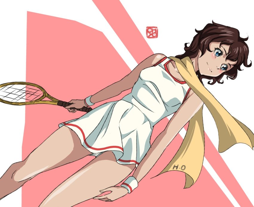 1970s_(style), 1girl, ace_wo_nerae!, bad_id, bad_twitter_id, blue_eyes, brown_hair, dress, female_focus, oka_hiromi, oldschool, oyoyo_(yoyoichi), racket, retro_artstyle, short_dress, short_hair, solo, sportswear, tennis_racket, tennis_uniform