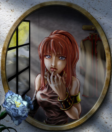1girl, armlet, blue_eyes, blush, bracelet, female_focus, flower, hata_en, indoors, jewelry, karin_koenig, looking_at_viewer, mirror, ponytail, red_hair, reflection, shadow_hearts, shadow_hearts_ii, sidelocks, solo, tamaki_kazu, window