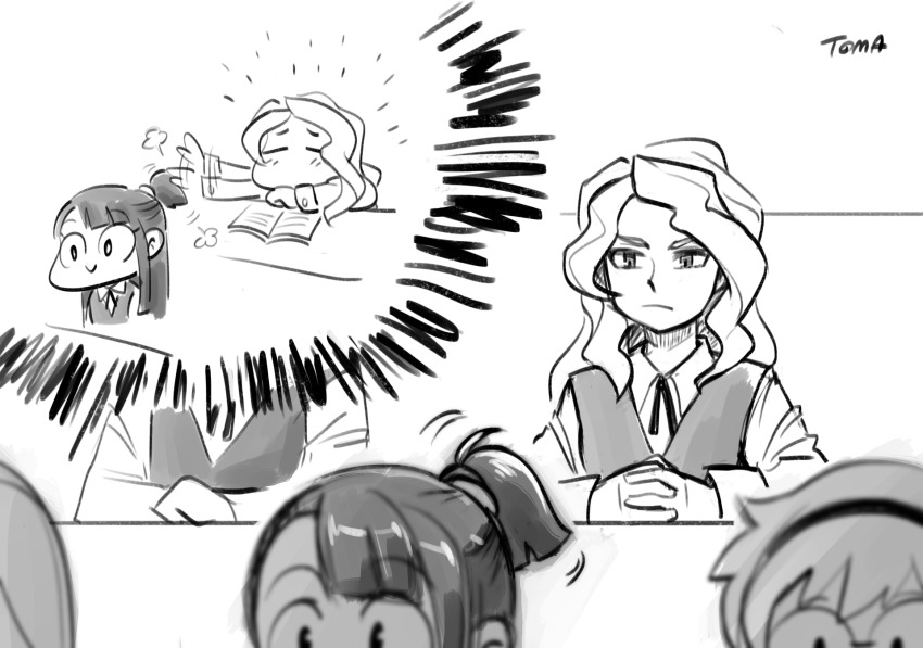 10s, 4girls, blush, chibi, chibi_inset, comically_serious, diana_cavendish, greyscale, highres, imagining, kagari_atsuko, little_witch_academia, lotte_jansson, monochrome, multiple_girls, out_of_character, playing_with_another's_hair, ponytail, school_uniform, sitting, sucy_manbavaran, tama9toma, thinking, trigger_(company)