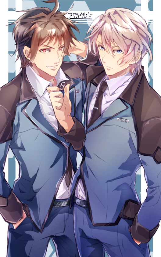2boys, active_raid, belt, blue_eyes, brown_hair, coat, grey_hair, kuroki_takeru