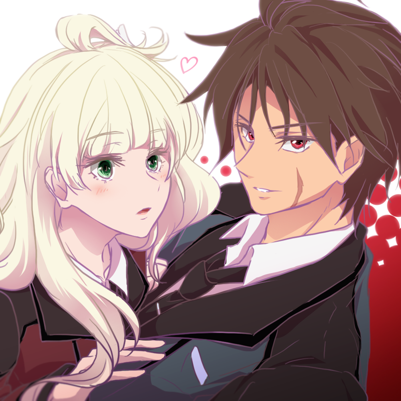 1boy, 1girl, active_raid, ahoge, blonde_hair, blush, brown_hair, coat