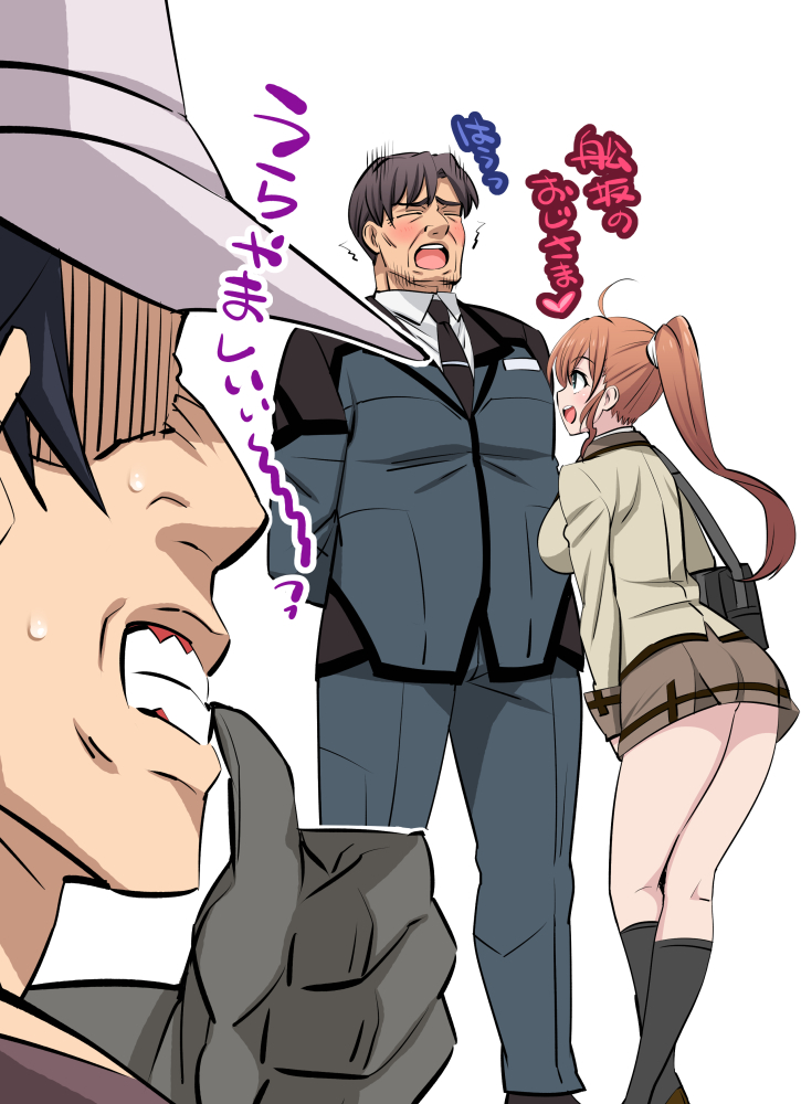 1girl, 2boys, active_raid, ahoge, black_hair, blue_eyes, blush, breasts