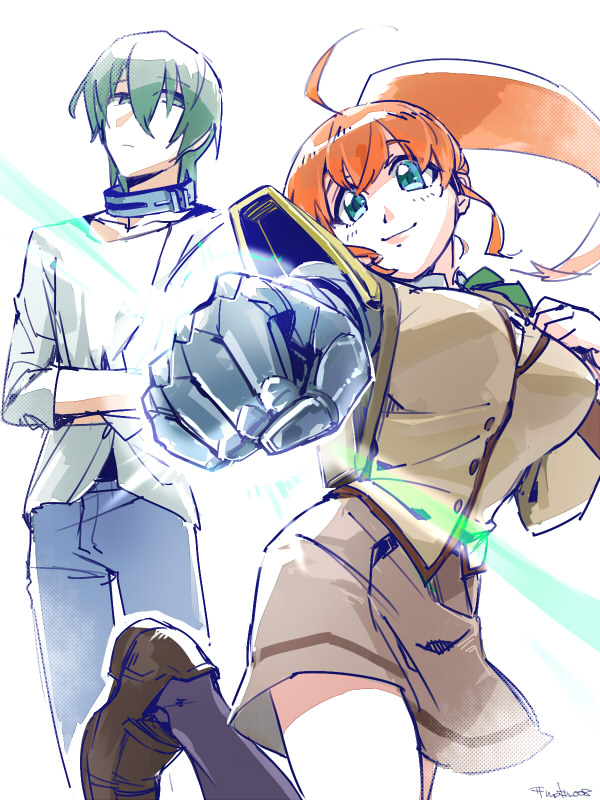 1boy, 1girl, active_raid, armor, blue_eyes, blush, breasts, green_eyes