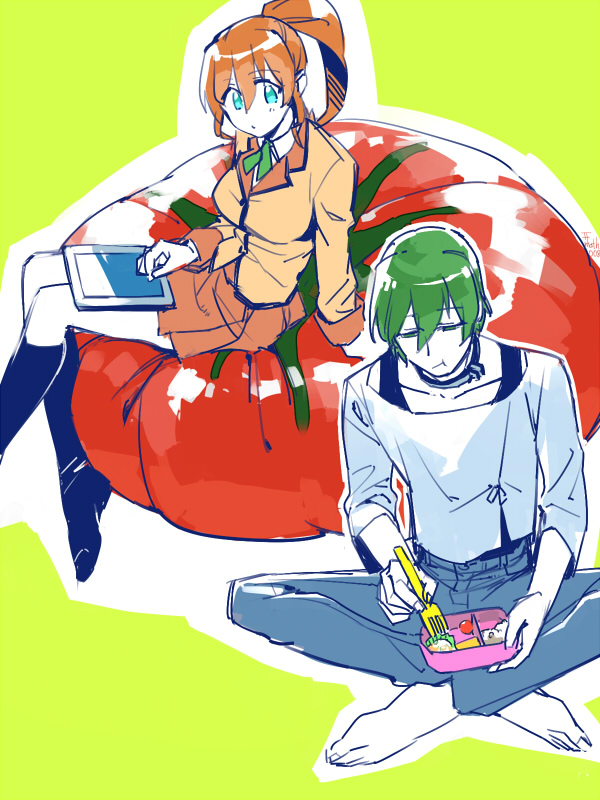 1boy, 1girl, active_raid, barefoot, blue_eyes, breasts, brown_hair, eating