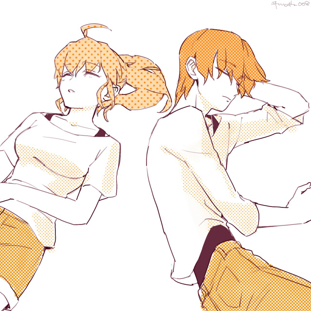 1boy, 1girl, active_raid, ahoge, breasts, closed_eyes, long_hair, monochrome, mythos_(active_raid), open_mouth, pants, ponytail, short_hair, shorts, sleeping, yamabuki_hinata