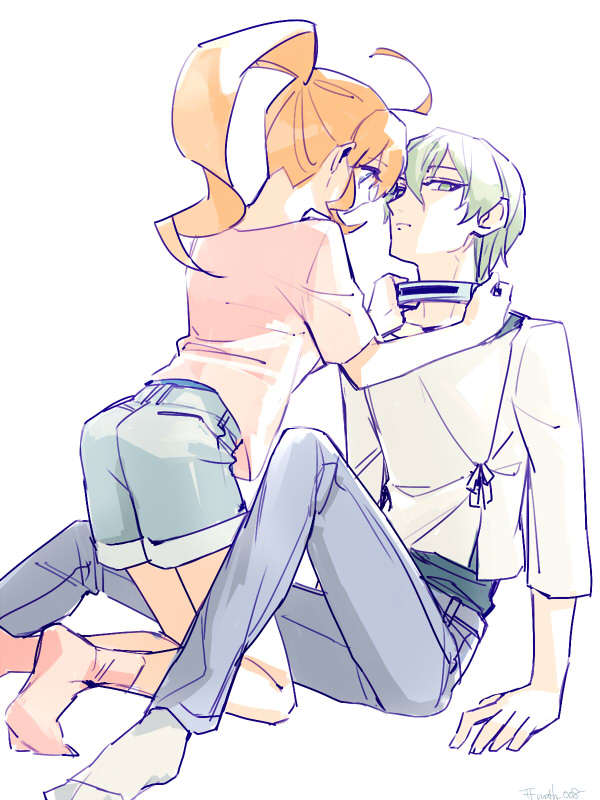 1boy, 1girl, active_raid, ahoge, blue_eyes, breasts, brown_hair, green_eyes, green_hair, long_hair, mythos_(active_raid), pants, ponytail, short_hair, shorts, socks, yamabuki_hinata