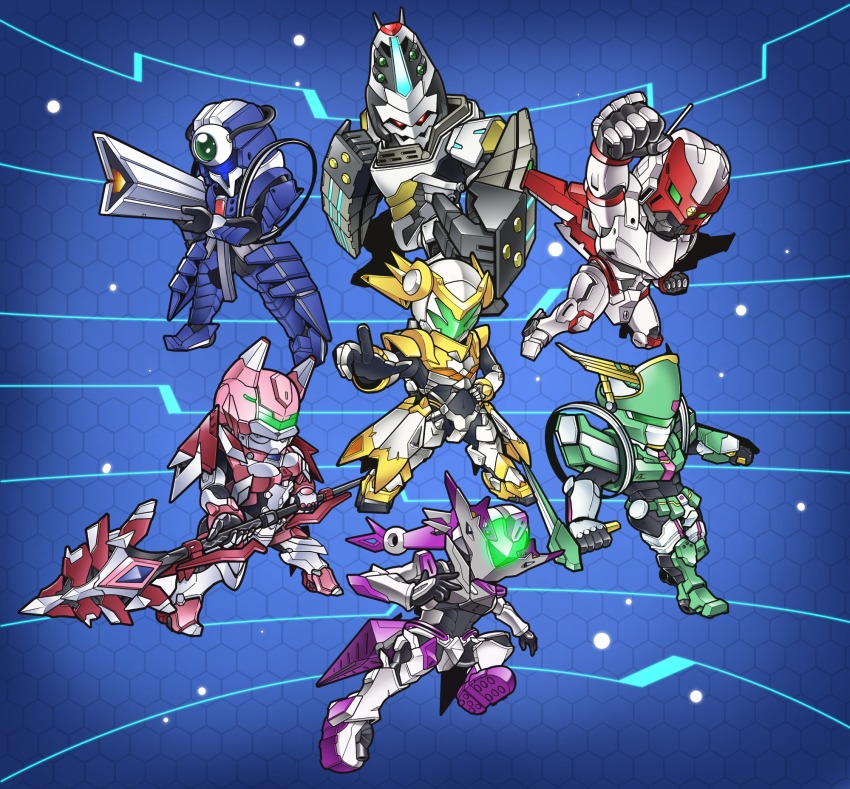 3boys, 4girls, active_raid, armor, boots, breasts, chibi, emilia_edelman