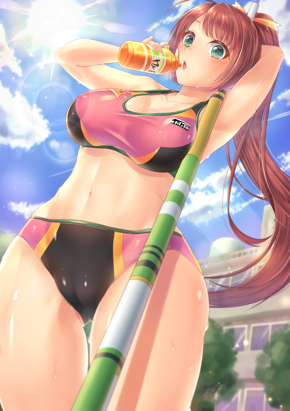 1girl, arm_behind_head, arm_up, armpit_crease, armpit_focus, armpits, blue_sky, blurry