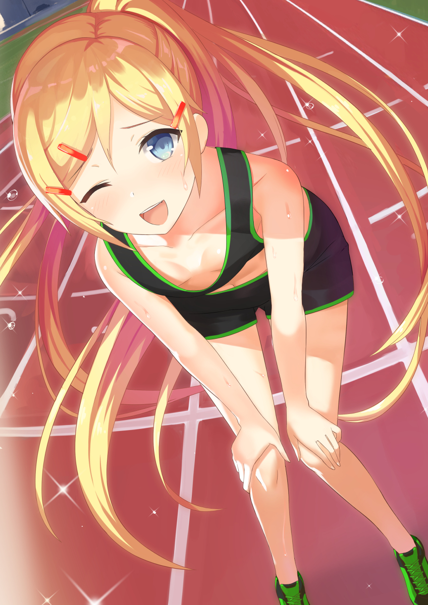 1girl, ;d, blonde_hair, blue_eyes, blush, breasts, ccaw, cleavage