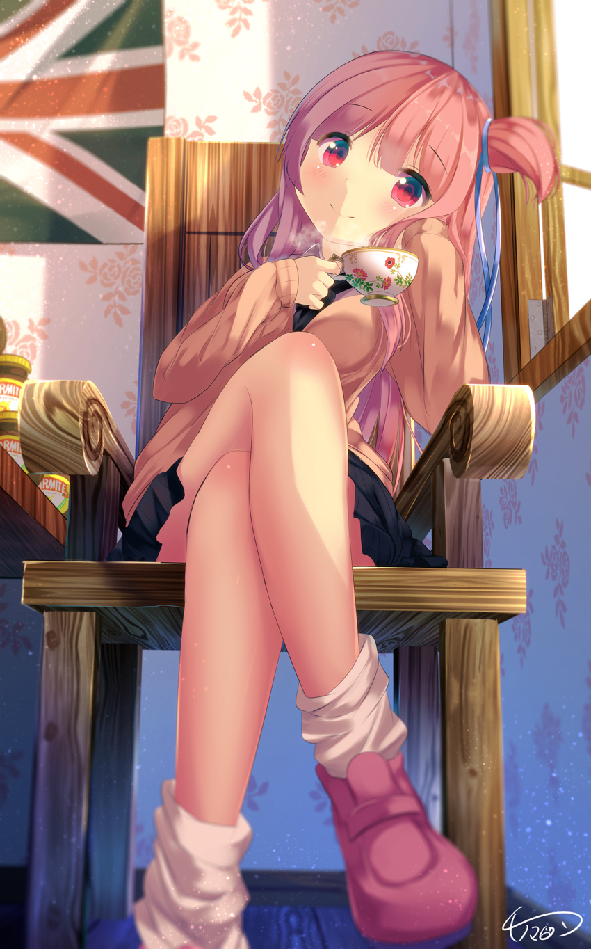 1girl, black_necktie, black_skirt, blunt_bangs, blush, breasts, chair, closed_mouth, collared_shirt, crossed_legs, cup, day, female_focus, flag, floral_print, hair_ornament, hair_ribbon, hand_on_own_cheek, hand_on_own_face, head_on_hand, head_rest, head_tilt, highres, holding, holding_cup, indoors, jacket, jar, kotonoha_akane, long_hair, long_sleeves, looking_at_viewer, loose_socks, marmite, mokachino, necktie, one_side_up, pink_eyes, pink_hair, pink_shoes, pleated_skirt, red_eyes, ribbon, shirt, shoes, signature, sitting, skirt, sleeves_past_wrists, smile, socks, solo, steam, sunlight, table, teacup, thighhighs, union_jack, voiceroid, white_shirt, white_socks, window, wing_collar