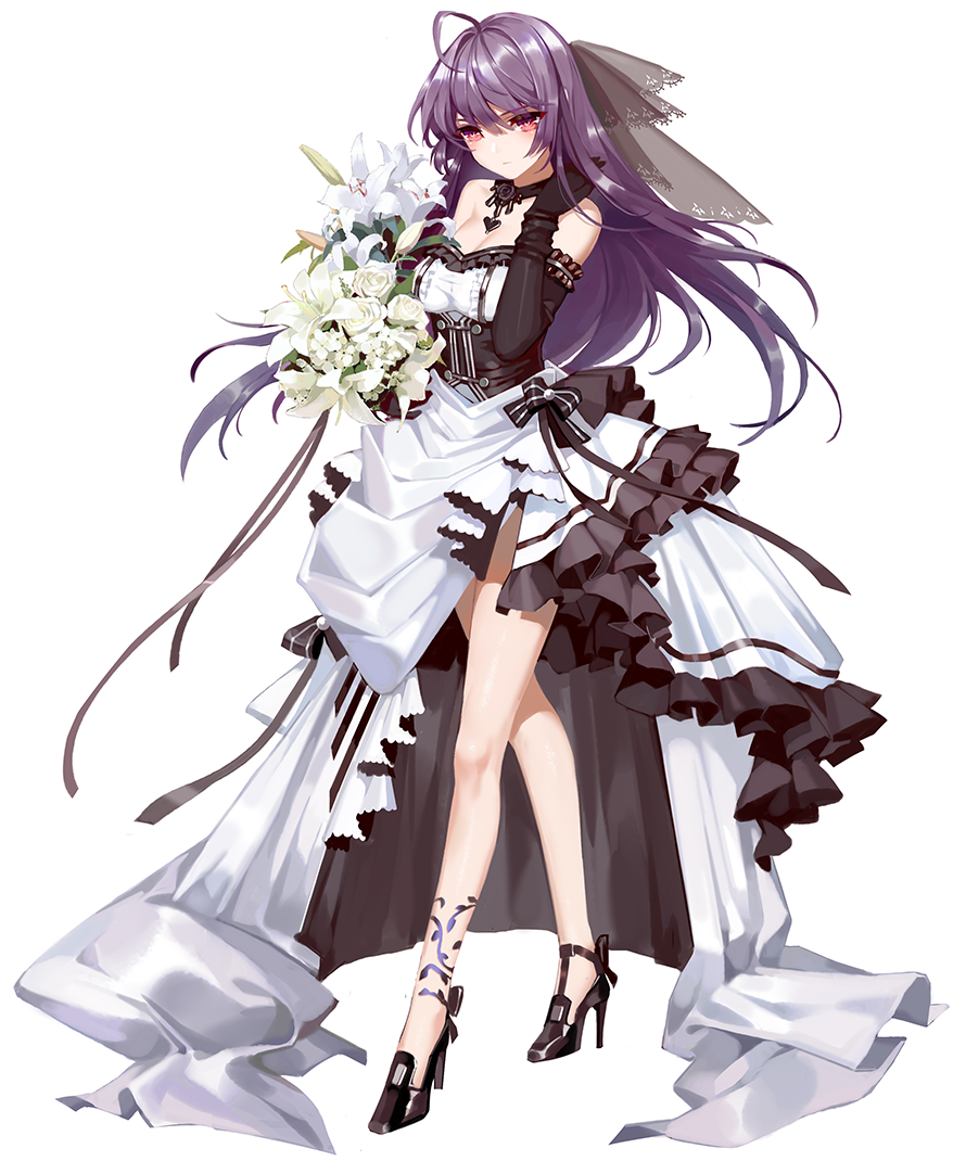 1girl, ahoge, asymmetrical_footwear, black_dress, black_gloves, bouquet, breasts, cleavage