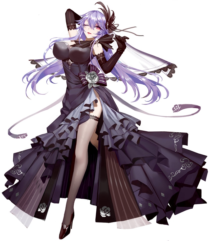 1girl, ;), amanda_(iron_saga), arm_behind_head, arm_up, black_dress, black_gloves, breasts