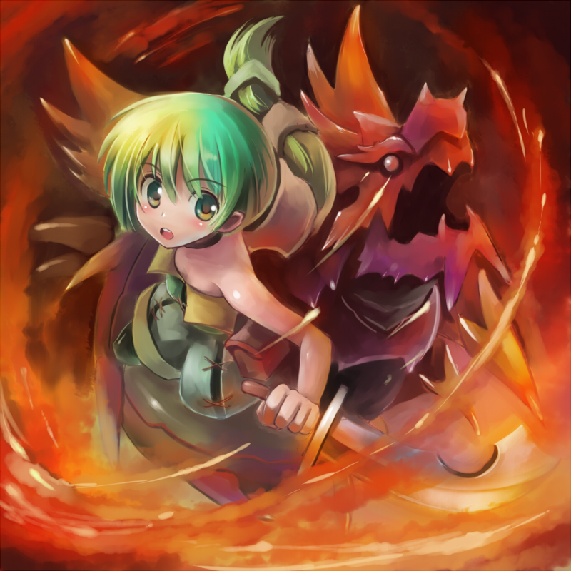 1girl, edobox, female_focus, green_eyes, green_hair, knight, long_hair, matching_hair/eyes, multi-tied_hair, noble_knights, ponytail, saga, saga_frontier_2, solo, sword, virginia_knights, weapon