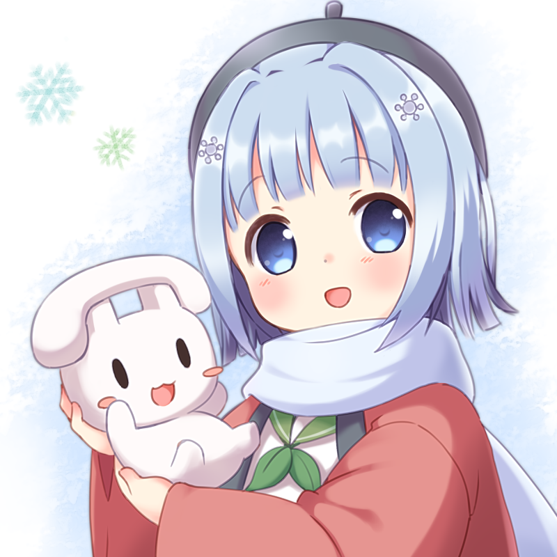 1girl, :3, beret, blue_eyes, blue_hair, blush, blush_stickers, borrowed_character, creature, hair_ornament, hat, open_mouth, original, potte_(hiyorikawa), sapporo-tan, scarf, short_hair, snowflake_hair_ornament, telu-chan