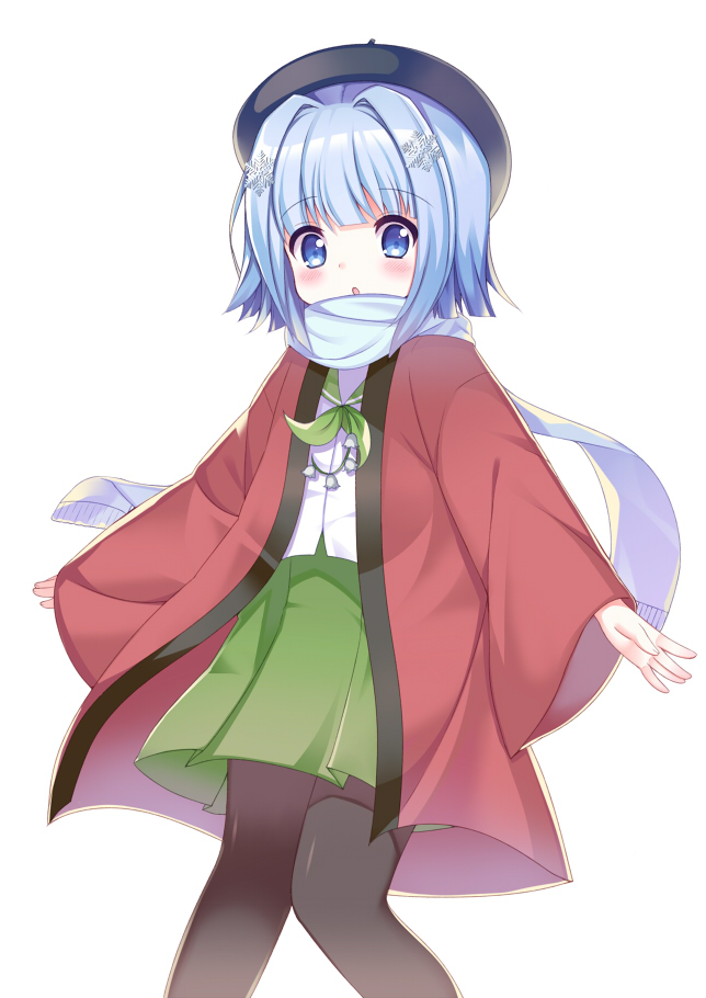 1girl, beret, black_pantyhose, blue_eyes, blue_hair, blush, d_omm, female_focus