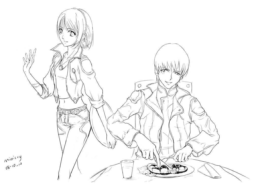 1boy, 1girl, char, denim, fan_hulic, food, greyscale, jeans