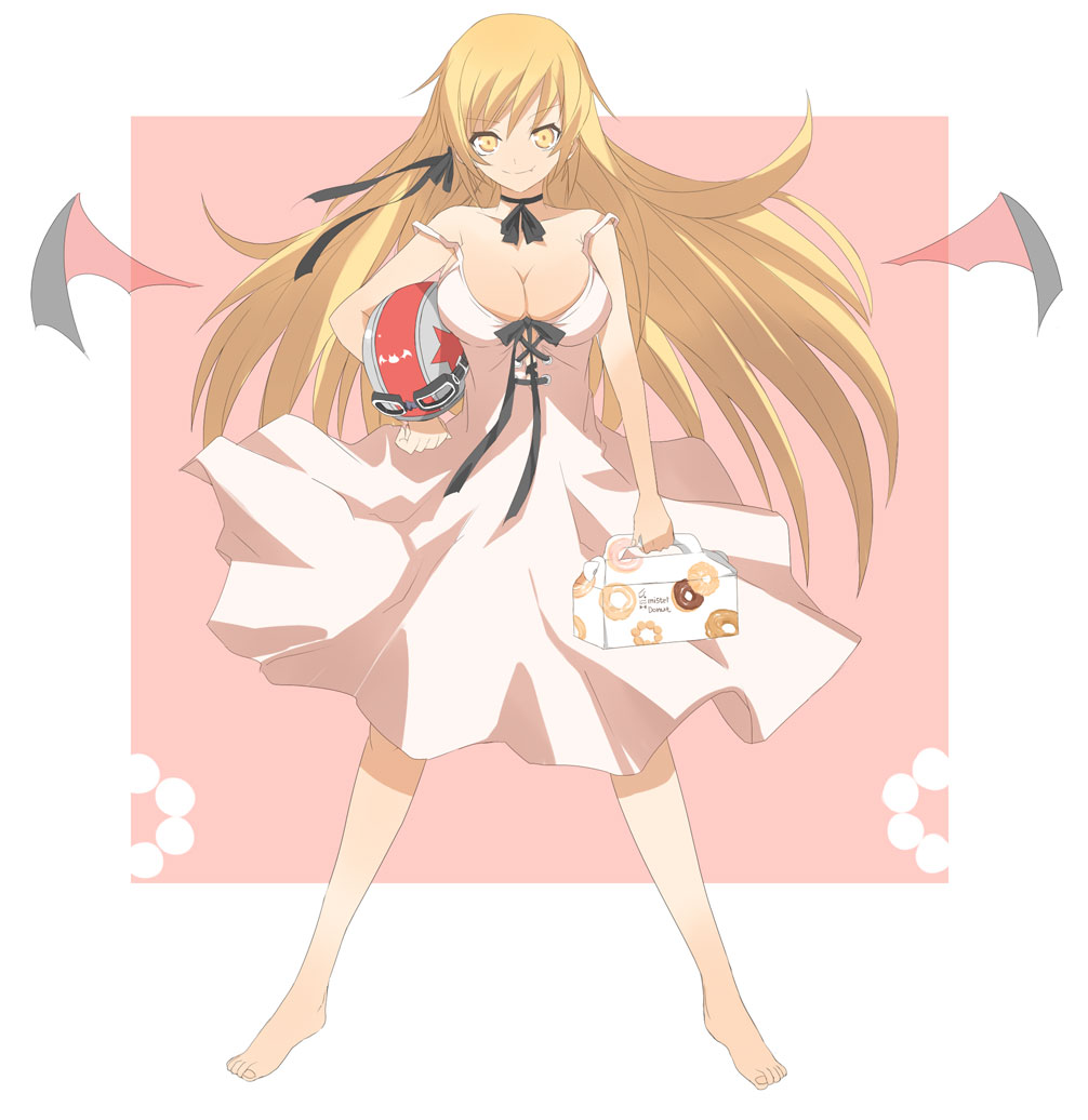 00s, 1girl, bakemonogatari, barefoot, bat_wings, breasts, cleavage, donut, female_focus, food, helmet, kiss-shot_acerola-orion_heart-under-blade, maro_nie, mister_donut, monogatari_(series), oshino_shinobu, smile, solo, wings