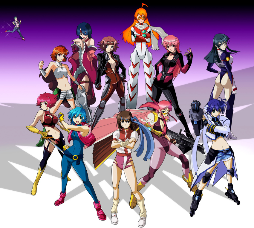 00s, 1990s_(style), 1boy, 6+girls, adiane, allenby_beardsley, ass, banpresto, blue_bodysuit, blue_hair, bodysuit, breasts, brown_hair, buster_machine_7, chuunioniika, cleavage, code_geass, cropped_jacket, crossover, cutie_honey, cutie_honey_(character), dancouga_(series), everyone, eyepatch, from_above, fujimura_shizuru, g_gundam, gloves, gundam, hidaka_aoi, highres, ibis_douglas, inline_skates, juusou_kikou_dancouga_nova, kisaragi_honey, kouzuki_kallen, large_breasts, leeron_littner, leotard, lyrical_nanoha, mach_caliber, magical_girl, mahou_shoujo_lyrical_nanoha, mahou_shoujo_lyrical_nanoha_strikers, medium_breasts, multiple_crossover, multiple_girls, nono_(top_wo_nerae_2!), orange_hair, pantyhose, pink_hair, re:_cutie_honey, renais_cardiff_shishiou, retro_artstyle, revolver_knuckle, roller_skates, scarf, shinkon_gattai_godannar!!, skates, subaru_nakajima, sunrise_(company), super_robot_wars, takaya_noriko, tengen_toppa_gurren_lagann, top_wo_nerae!, top_wo_nerae!_(series), top_wo_nerae_2!, yuusha_ou_gaogaigar, yuusha_series