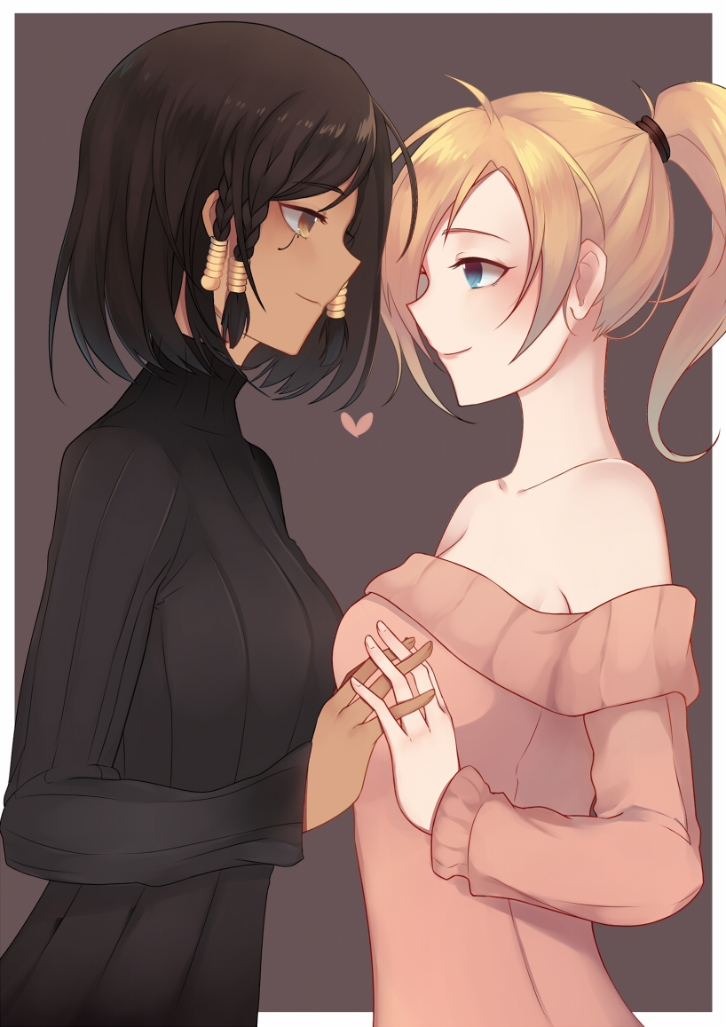 2girls, bare_shoulders, black_hair, blonde_hair, blue_eyes, braid, breasts, brown_eyes