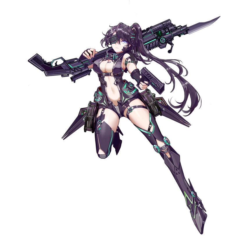 1girl, armor, armored_boots, armpit_peek, barcode, barcode_tattoo, bayonet, black_gloves