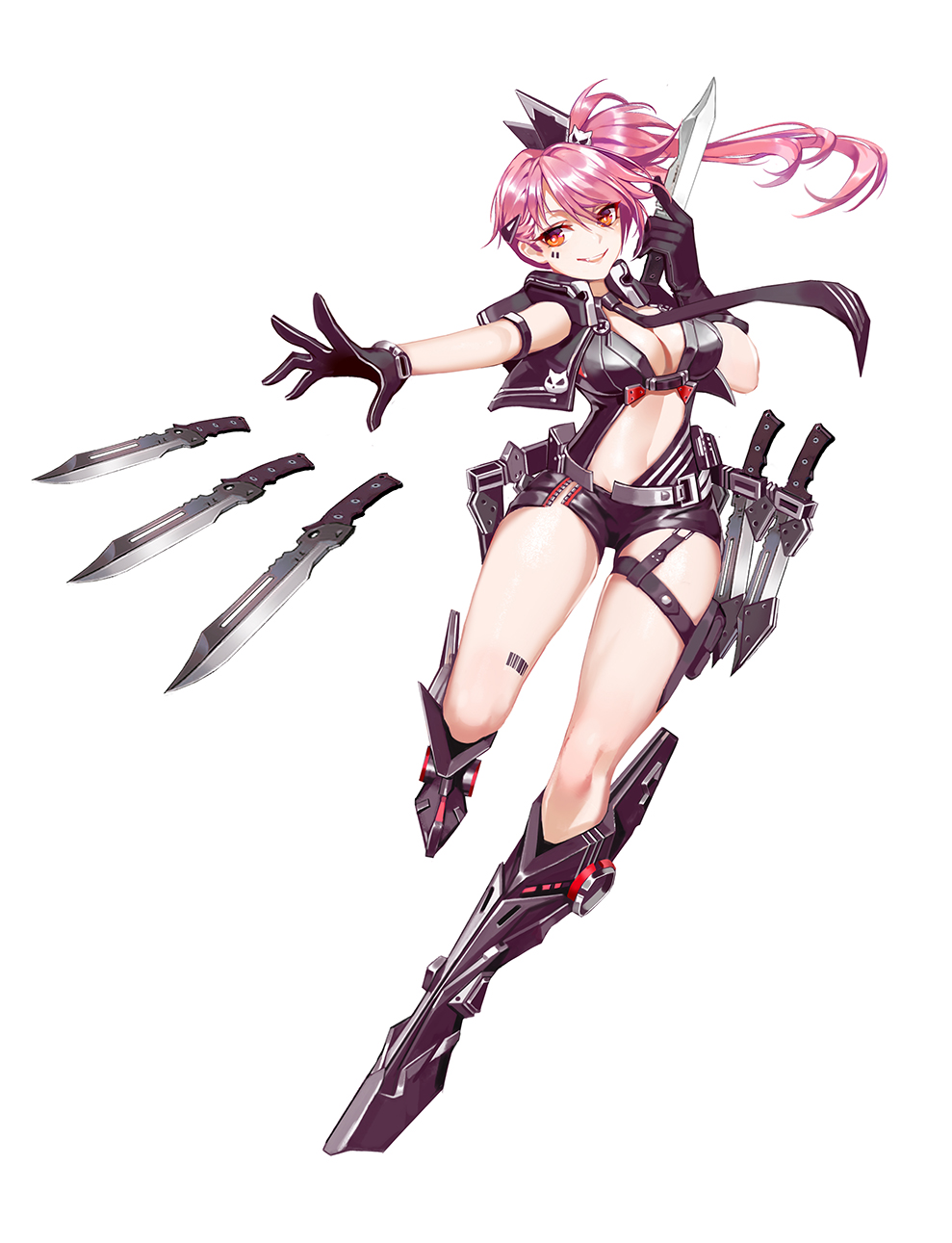 1girl, armor, barcode, barcode_tattoo, black_gloves, breasts, cerise_(iron_saga), cleavage, cropped_jacket, d._(ddot2018), facial_mark, female_focus, floating_hair, full_body, gloves, greaves, hair_ornament, highres, holding, holding_knife, iron_saga, knife, looking_at_viewer, medium_breasts, midriff, navel, official_art, orange_eyes, parted_lips, pink_hair, short_shorts, shorts, side_ponytail, skull_hair_ornament, smile, solo, tattoo, throwing_knife, weapon, white_background
