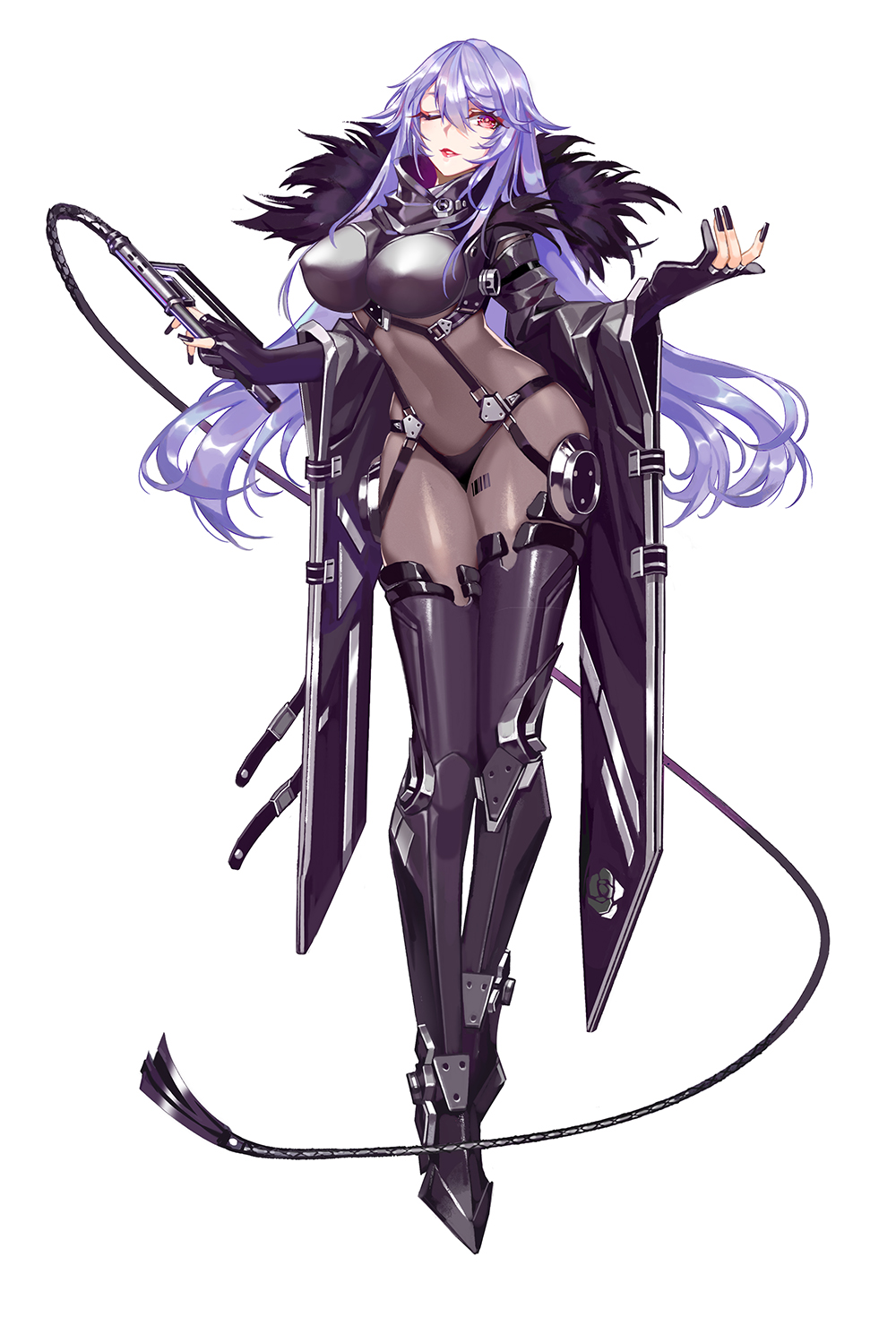 1girl, ;), amanda_(iron_saga), barcode, barcode_tattoo, black_gloves, bodystocking, boots, breasts, d._(ddot2018), elbow_gloves, female_focus, full_body, fur, gloves, hair_between_eyes, highres, iron_saga, large_breasts, lipstick, long_hair, long_sleeves, looking_at_viewer, makeup, nail_polish, official_art, one_eye_closed, parted_lips, partially_fingerless_gloves, pink_eyes, purple_hair, red_lips, sidelocks, skin_tight, smile, solo, standing, swept_bangs, tattoo, thigh_boots, thighhighs, very_long_hair, whip, white_background, wide_sleeves