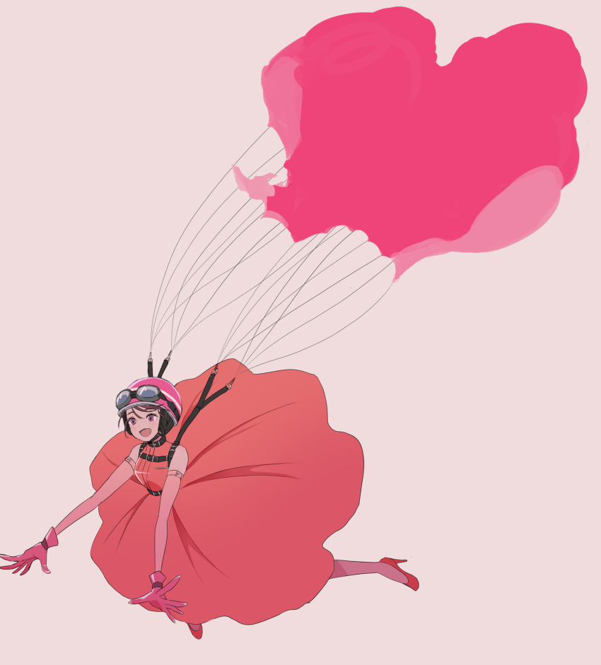 1girl, :d, bad_id, bad_pixiv_id, beige_background, belt, belt_collar, brown_hair, chinstrap, collar, dress, elbow_gloves, falling, female_focus, gloves, goggles, goggles_on_headwear, gomoma_(bluehighlow), hat, heart-shaped_parachute, helmet, high_heels, highres, matsutoya_yumi, open_mouth, pantyhose, parachute, pink_gloves, pink_hat, pink_pantyhose, pocket, purple_eyes, real_life, red_dress, red_shoes, shoes, simple_background, skydive, sleeveless, sleeveless_dress, smile, solo, strap