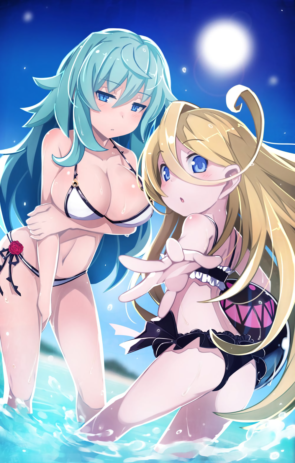 2girls, :o, ahoge, aqua_hair, ass, ball, beachball, bikini