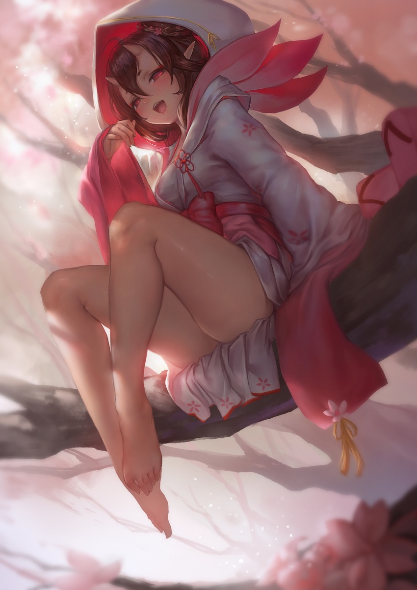 1girl, :d, arm_at_side, arm_support, ass, bare_legs, barefoot, blurry, blush, breasts, brown_hair, creep_(gundamdg), demon_girl, depth_of_field, dutch_angle, feet, female_focus, floral_print, flower, from_below, glowing, glowing_eyes, hair_between_eyes, hair_flower, hair_ornament, half-closed_eyes, highres, hood, horns, in_tree, japanese_clothes, kimono, knees_up, laughing, light_particles, long_sleeves, looking_at_viewer, medium_breasts, obi, oni_horns, onmyoji, open_mouth, outdoors, peach_blossom, pink_flower, pointy_ears, red_eyes, sash, short_eyebrows, short_kimono, sitting, smile, solo, tao_hua_yao, thighs, toenails, toes, tree, wide_sleeves, yukata