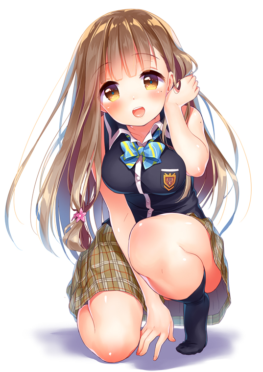10s, 1girl, :d, adjusting_hair, bare_shoulders, between_legs, black_shirt, black_socks