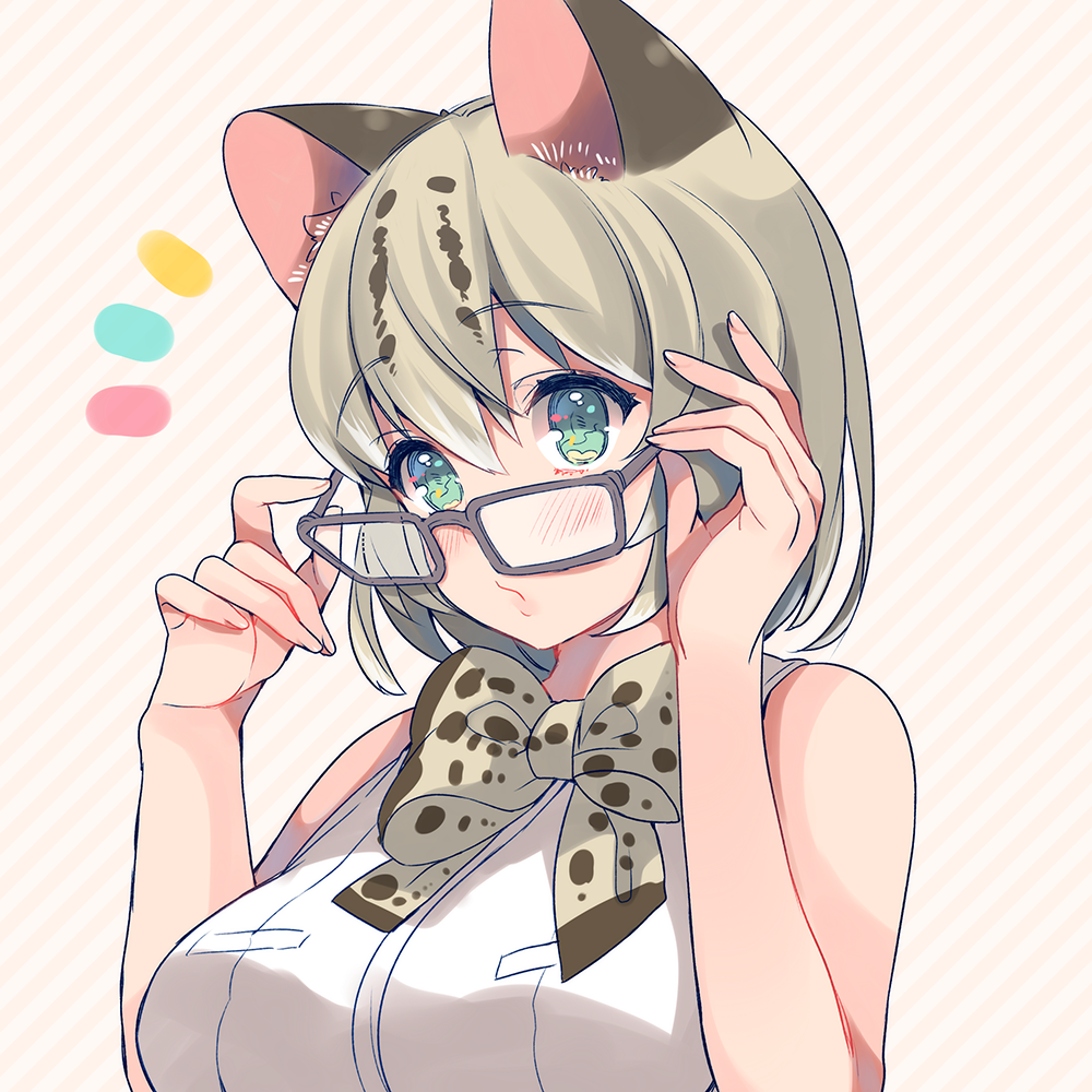 10s, 1girl, adjusting_eyewear, alternate_color, animal_ears, animal_print, aqua_eyes, bad_id