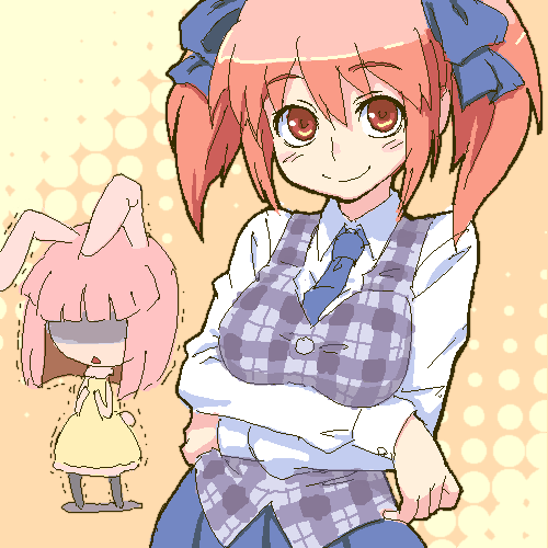 animal_ears, breast_envy, breast_hold, breasts, rabbit_ears, kumatanchi, large_breasts, necktie