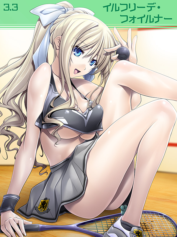 1girl, ball, beta_(muv-luv), blonde_hair, blue_eyes, blush, breasts, cleavage, female_focus, ilfriede_von_feulner, large_breasts, leg_up, legs, long_hair, long_legs, looking_at_viewer, miniskirt, multiple_girls, muv-luv, muv-luv_alternative, official_art, open_mouth, pleated_skirt, ponytail, racket, ribbon, shoes, sitting, skirt, smile, sneakers, socks, solo, soyosoyo, sportswear, tank_top, tennis_ball, tennis_racket, tennis_uniform, the_euro_front, thighs, underboob