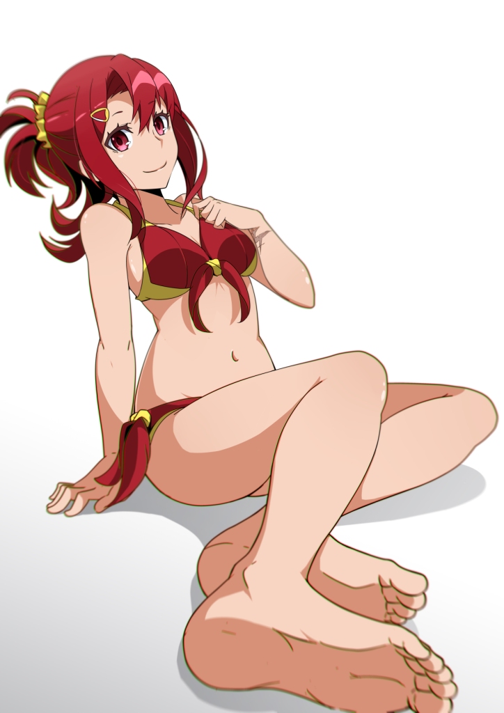 10s, 1girl, bad_id, bad_pixiv_id, barefoot, bikini, blurry, breasts