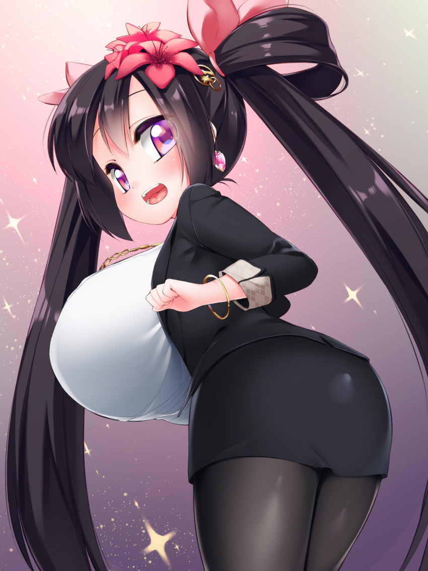 1girl, :d, ariane_cevaille_(silo9), ass, black_hair, blouse, borrowed_character, bracelet, breasts, cowboy_shot, earrings, female_focus, flower, formal_clothes, hair_flower, hair_ornament, hair_ribbon, hair_rings, highres, huge_breasts, jacket, jewelry, long_hair, looking_at_viewer, looking_back, miniskirt, necklace, office_lady, open_mouth, oppai_loli, original, pantyhose, pedocchi, pencil_skirt, purple_eyes, ribbon, shirt, skirt, skirt_suit, smile, solo, star_(symbol), star_symbol_background, suit, twintails, white_shirt