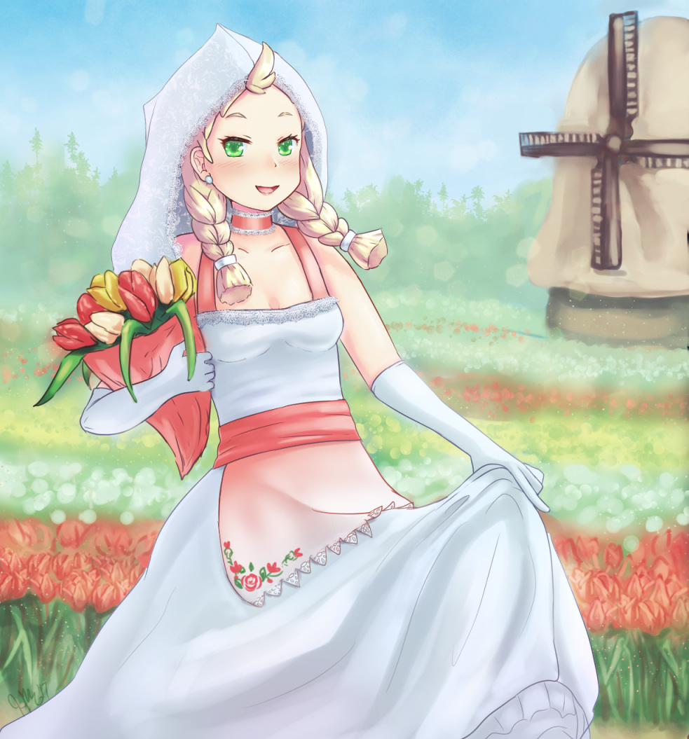 blonde_hair, blush, bouquet, braid, breasts, bridal_gauntlets, bridal_veil, bride, choker, cleavage, cloud, commentary, dandelion, day, de_ruyter_(warship_girls_r), dress, earrings, eyebrows, flower, forehead, frills, green_eyes, jewelry, mignonette, sash, sky, small_breasts, tree, tulip, twin_braids, veil, warship_girls_r, wedding_dress, windmill