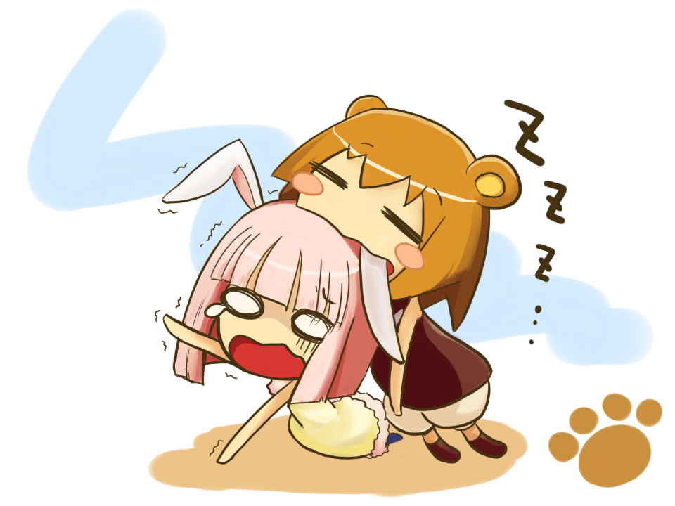 2girls, animal_ears, bear_ears, biting, brown_hair, rabbit_ears, eating, head_biting