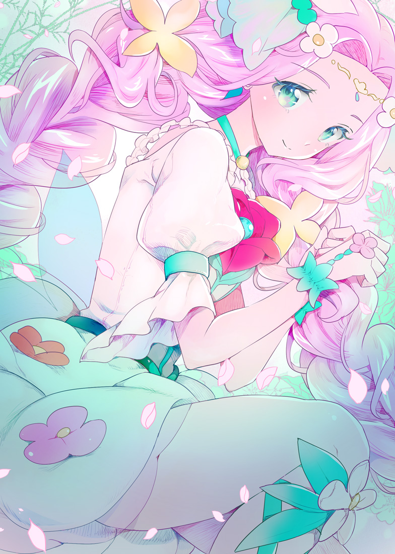 1girl, aqua_eyes, braid, cure_felice, dress, female_focus, flower, forehead_jewel