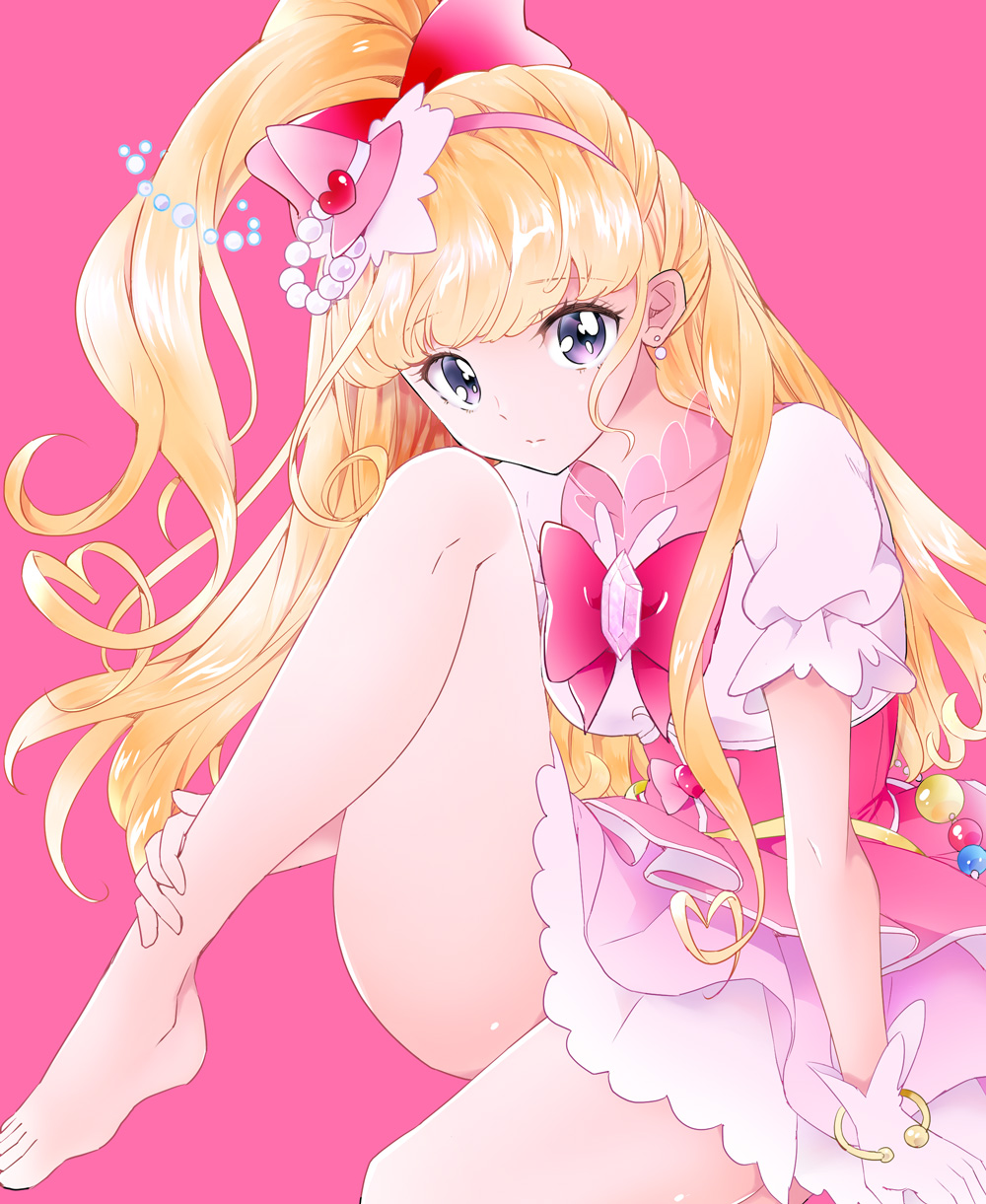 1girl, asahina_mirai, bad_id, bad_pixiv_id, bare_legs, barefoot, blush, bow, bracelet, closed_mouth, cure_miracle, dress, earrings, feet, female_focus, frilled_dress, frills, gem, gloves, hairband, hat, hatsuga_(oyayubi_itai2), highres, jewelry, long_hair, magical_girl, mahou_girls_precure!, mini_hat, mini_witch_hat, pearl_(gemstone), pearl_earrings, pink_background, pink_bow, ponytail, precure, puffy_short_sleeves, puffy_sleeves, purple_eyes, short_sleeves, solo, white_gloves, witch_hat