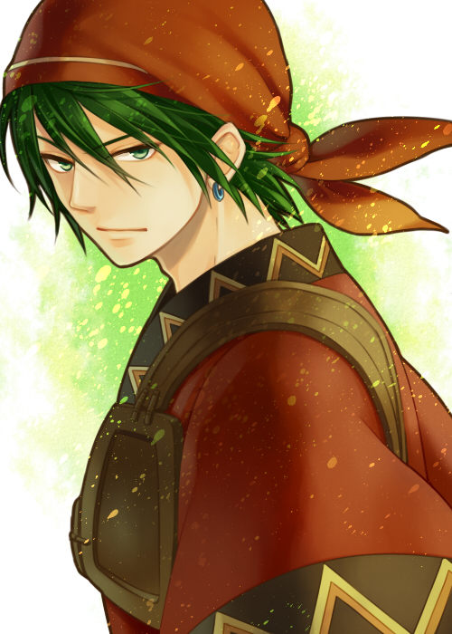 1boy, bandana, earrings, fire_emblem, fire_emblem:_the_blazing_blade, green_eyes, green_hair, jewelry