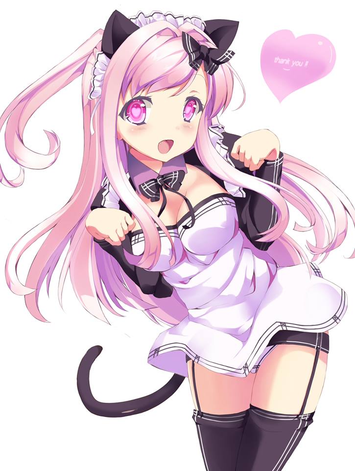 1girl, animal_ears, arumi, asymmetrical_hair, blush, bonkiru, breasts, cat_ears, cat_girl, cat_tail, cleavage, dress, fang, female_focus, happy, headdress, heart, heart-shaped_pupils, long_hair, looking_at_viewer, maid, open_mouth, original, pink_eyes, pink_hair, red_eyes, ribbon, side_ponytail, smile, solo, symbol-shaped_pupils, tail, thighhighs