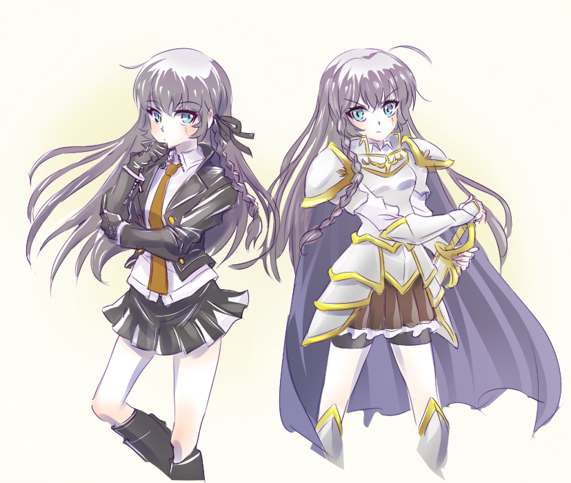 1girl, armor, armored_dress, blue_eyes, cape, commentary_request, cosplay, danganronpa:_trigger_happy_havoc