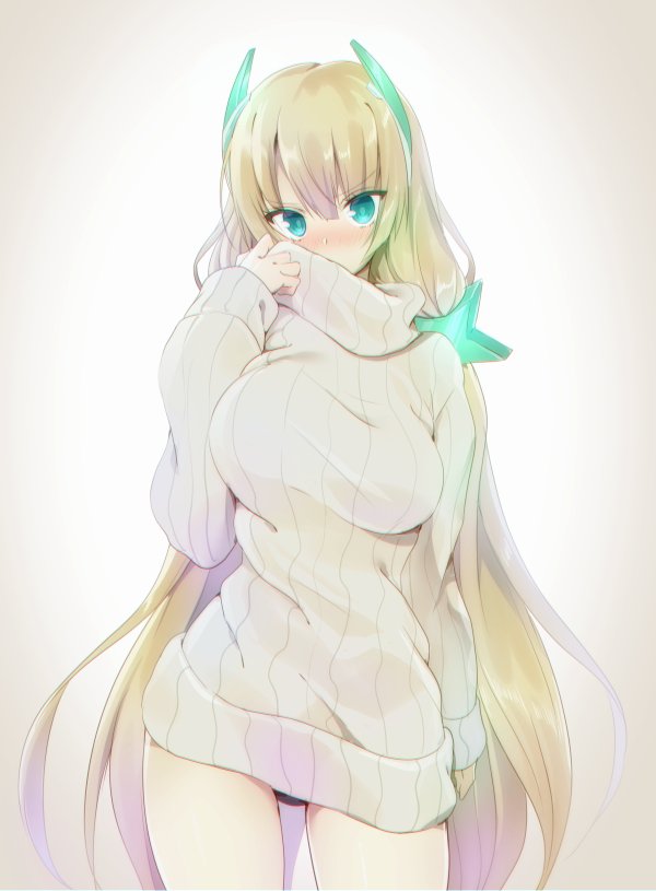 1girl, alternate_costume, angela_balzac, blonde_hair, blunt_bangs, blush, breasts, covering_own_mouth