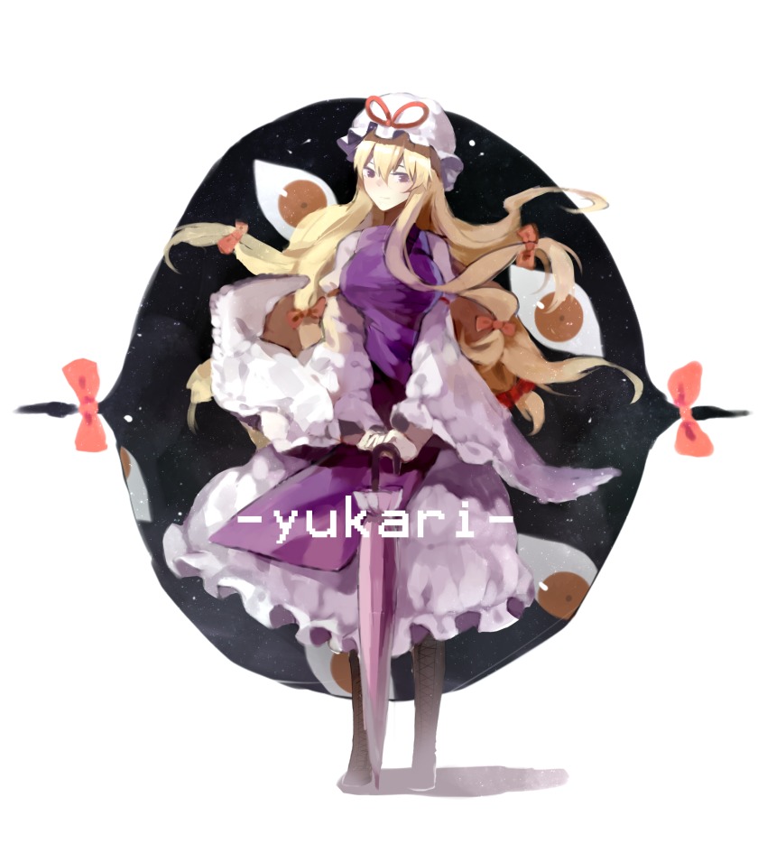 1girl, blonde_hair, blush, boots, bow, breasts, brown_boots, character_name