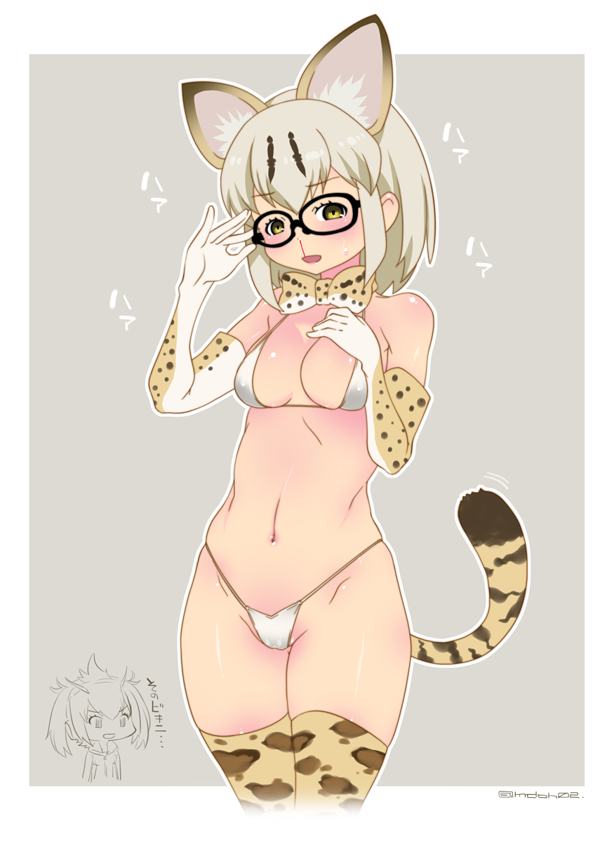 10s, 1girl, animal_ears, animal_print, bikini, blonde_hair, blood, blush, bow, breasts, cat_ears, cat_tail, elbow_gloves, female_focus, glasses, gloves, highres, kemono_friends, looking_at_viewer, margay_(kemono_friends), margay_ears, margay_tail, medium_breasts, mudou_eichi, navel, nosebleed, rockhopper_penguin_(kemono_friends), short_hair, simple_background, solo, standing, stomach, sweatdrop, swimsuit, tail, thighhighs, white_bikini, yellow_eyes